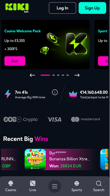 Kiki Bet lobby with the welcome pack carousel and the Big Win ticker