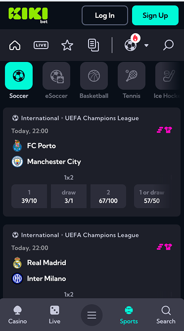 Kiki Bet Sports section: Soccer, eSoccer, Basketball, Tennis and Ice Hockey category strip with UEFA Champions League fixtures FC Porto vs Manchester City and Real Madrid vs Inter Milano and 1X2 odds